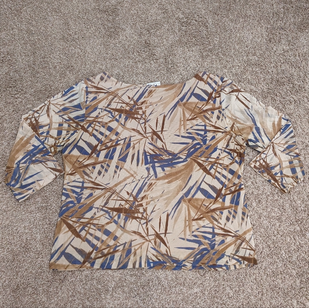 Tan graphic art print sheer women's blouse 3/4 sleeve shirt top Liz Clariborne